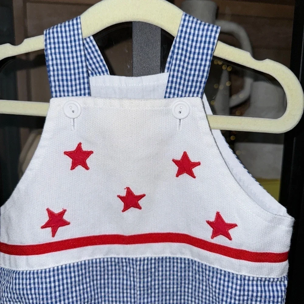 Vintage Funtasia jon jon romper baby boy stars USA embroidered smock shortall